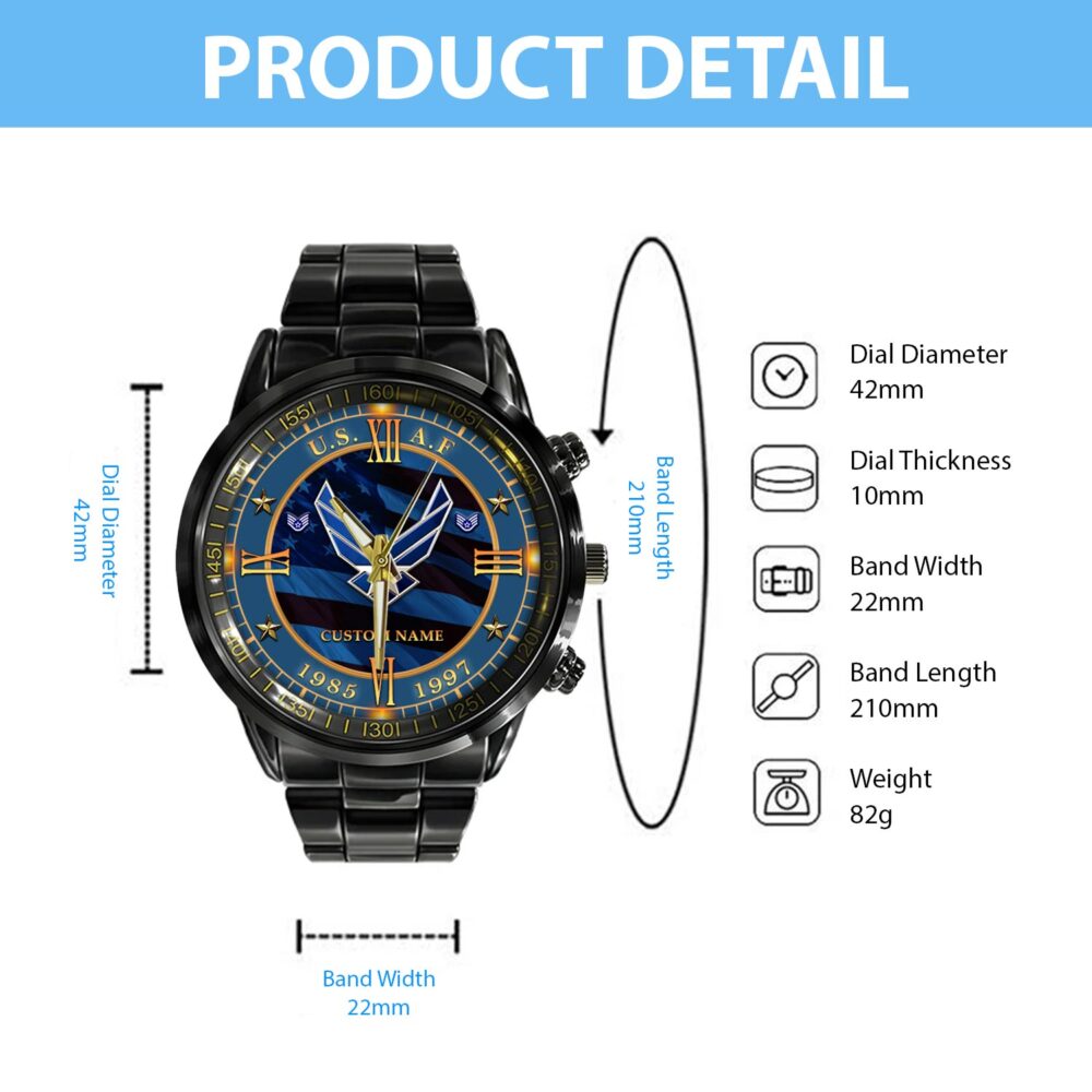 US Air Force, Duty, Honor, Country - Black Stainless Steel Watch - Image 4