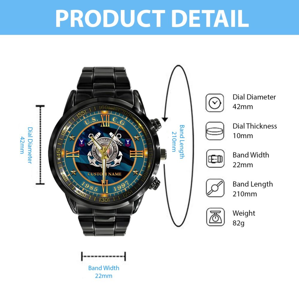 US Coast Guard, Freedom Isn't Free - Black Stainless Steel Watch - Image 4