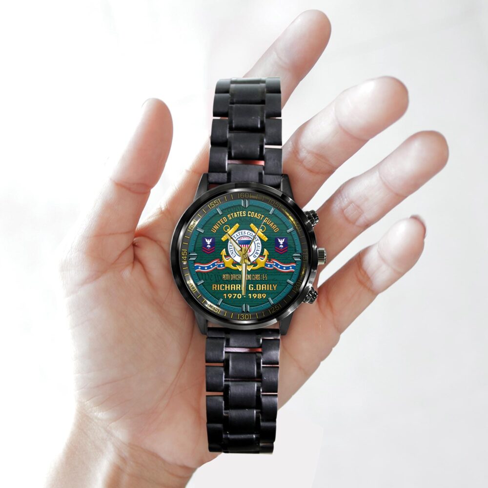 US Coast Guard, Honor, Duty, Service - Black Stainless Steel Watch - Image 2