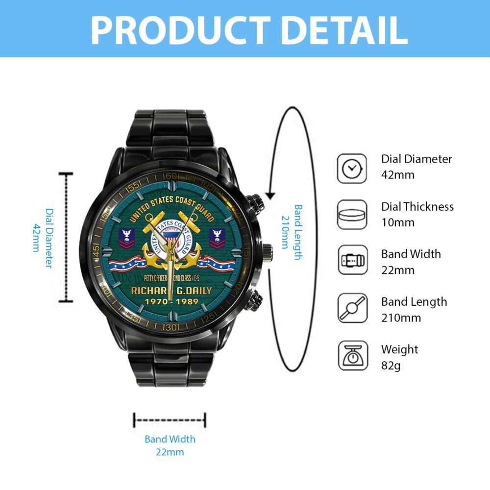 US Coast Guard, Honor, Duty, Service - Black Stainless Steel Watch - Image 4