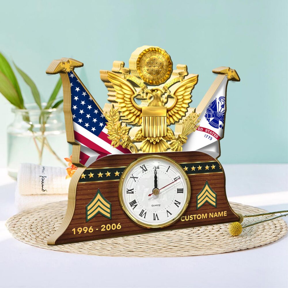 US Army, E 5 Army Specialist - Wooden Clock 7.8*7.8 in - Image 2