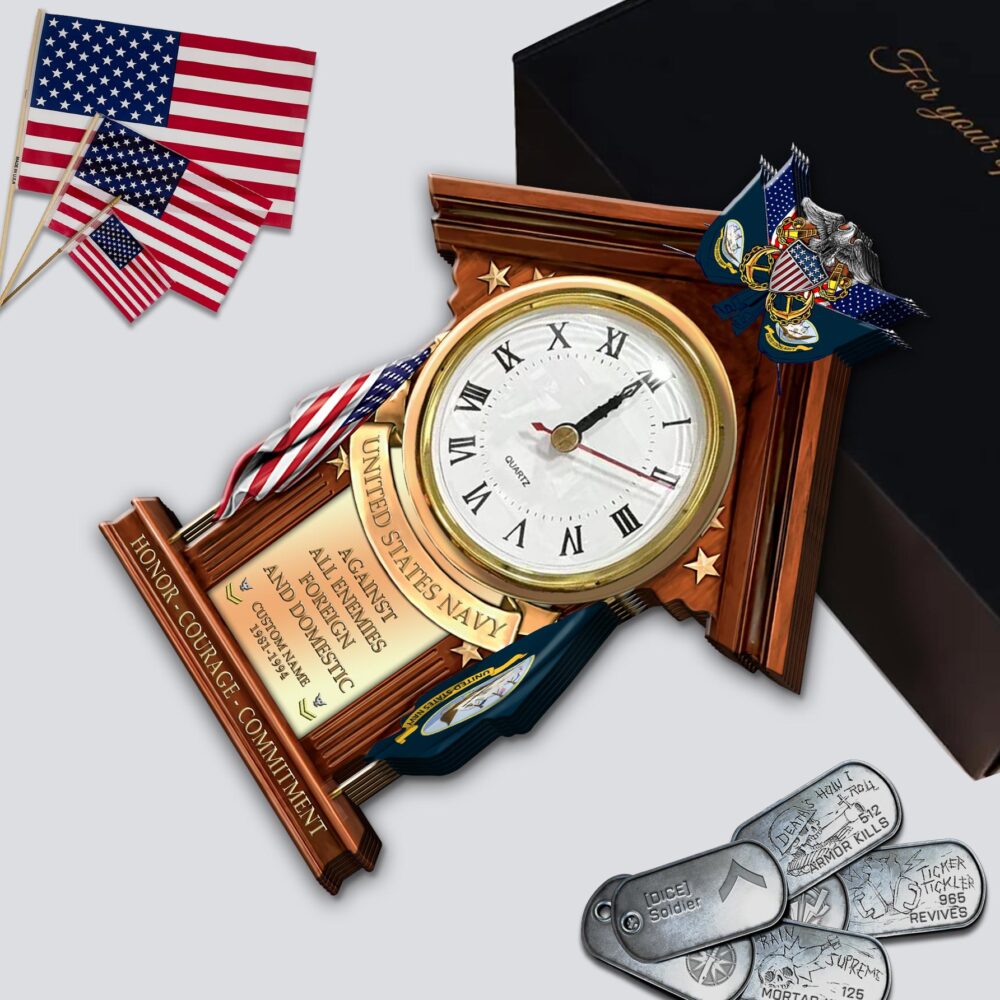 US Navy, E 6 Gold - Wooden Clock 7.8*7.8 in - Image 3