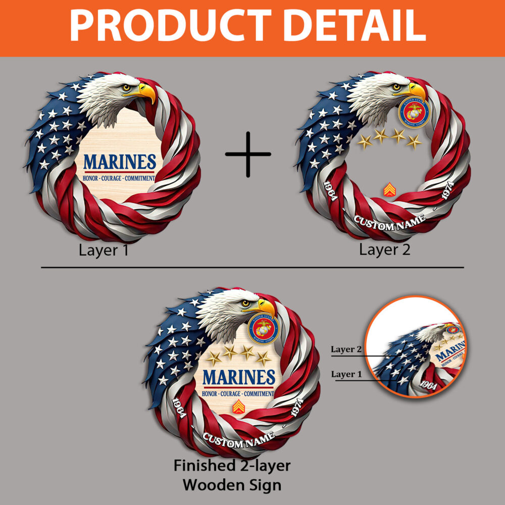 US Marine Corps, Defender of Freedom - 2 Layers Wooden Sign 12x12in - Image 4