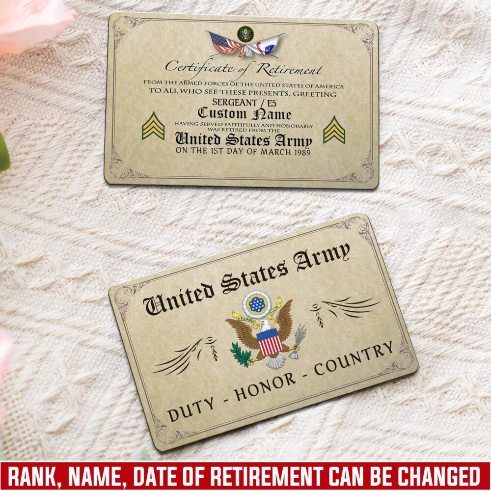 US Army, Honor, Duty, Service - Printed Metal Card