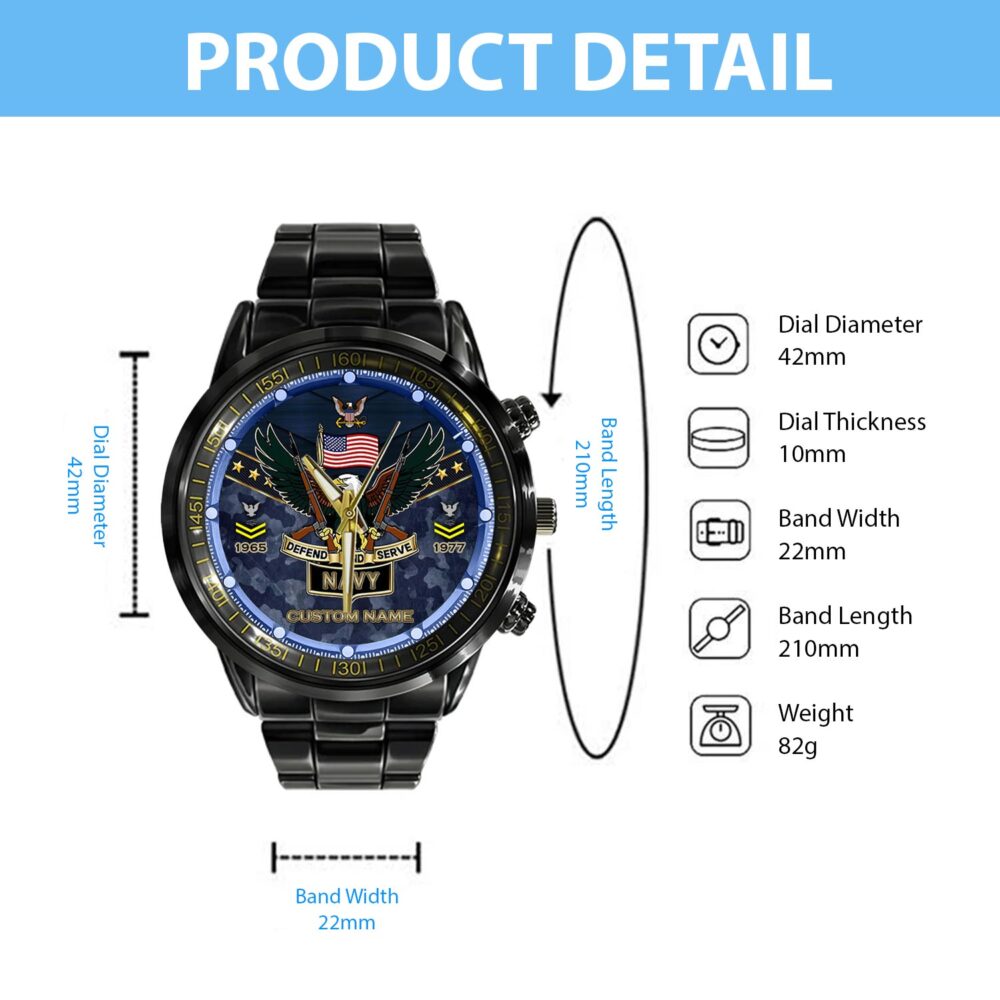 US Navy, Proud Veteran - Black Stainless Steel Watch - Image 4