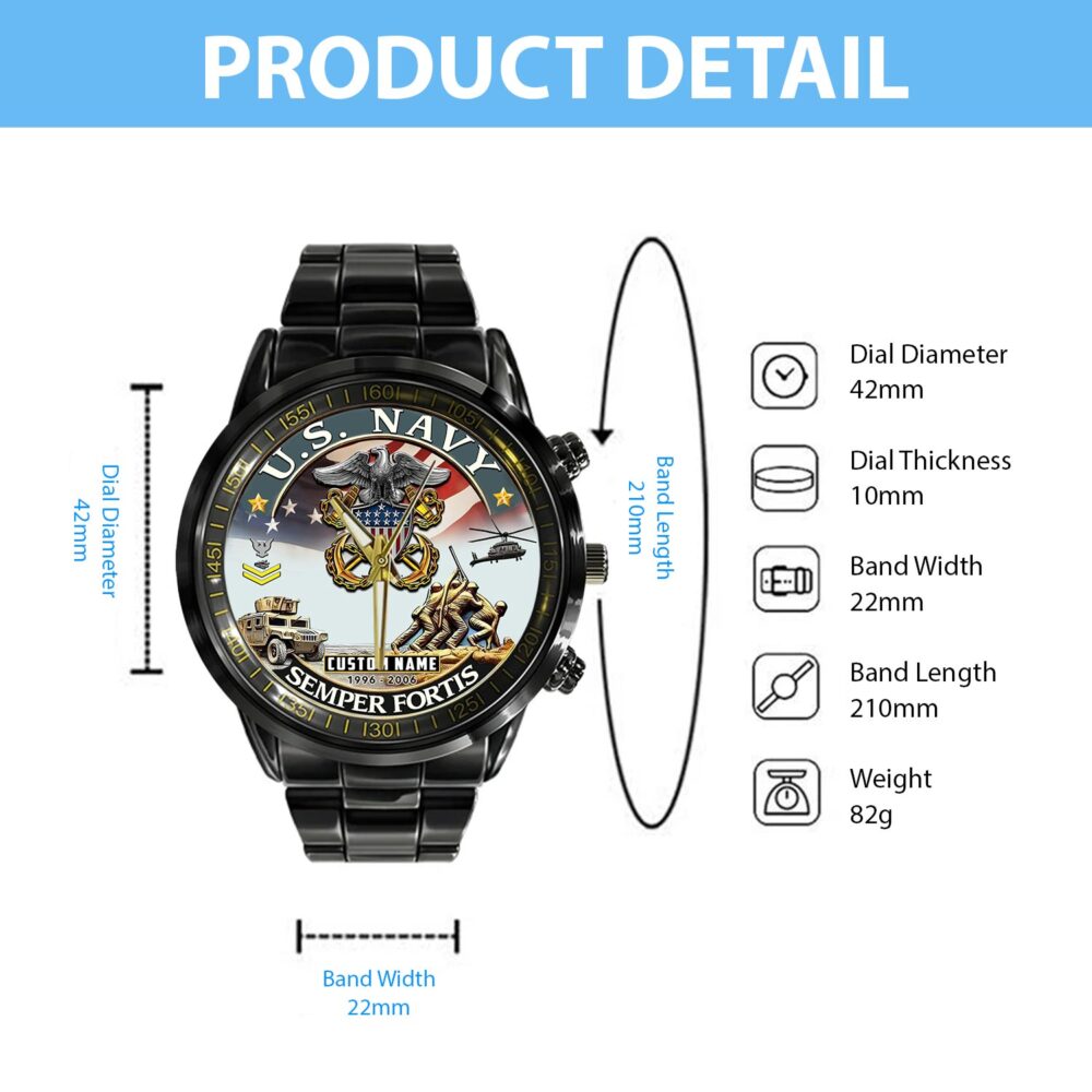 US Navy, E 3 Red - Black Stainless Steel Watch - Image 4