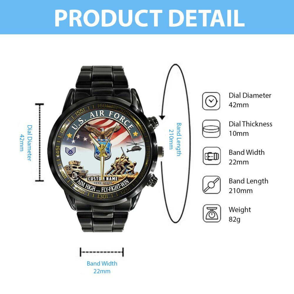 US Air Force, Proud Veteran - Black Stainless Steel Watch - Image 4