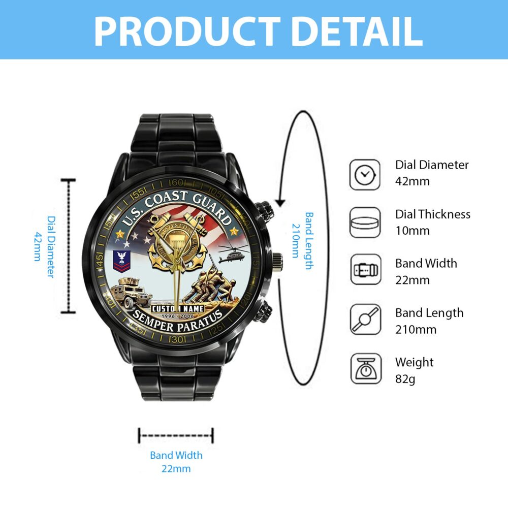 US Coast Guard, Lest We Forget - Black Stainless Steel Watch - Image 4