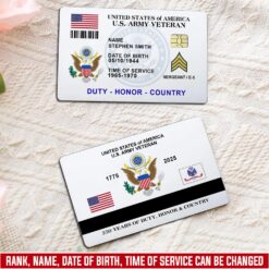 US Army, E 8 Army First Sergeant - Printed Metal Card