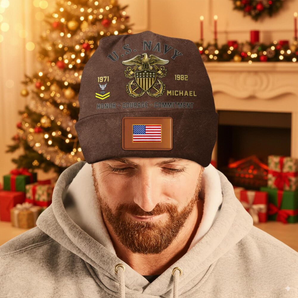 US Navy, Proud To Have Served - Leather Patch Beanie Hat - Image 3