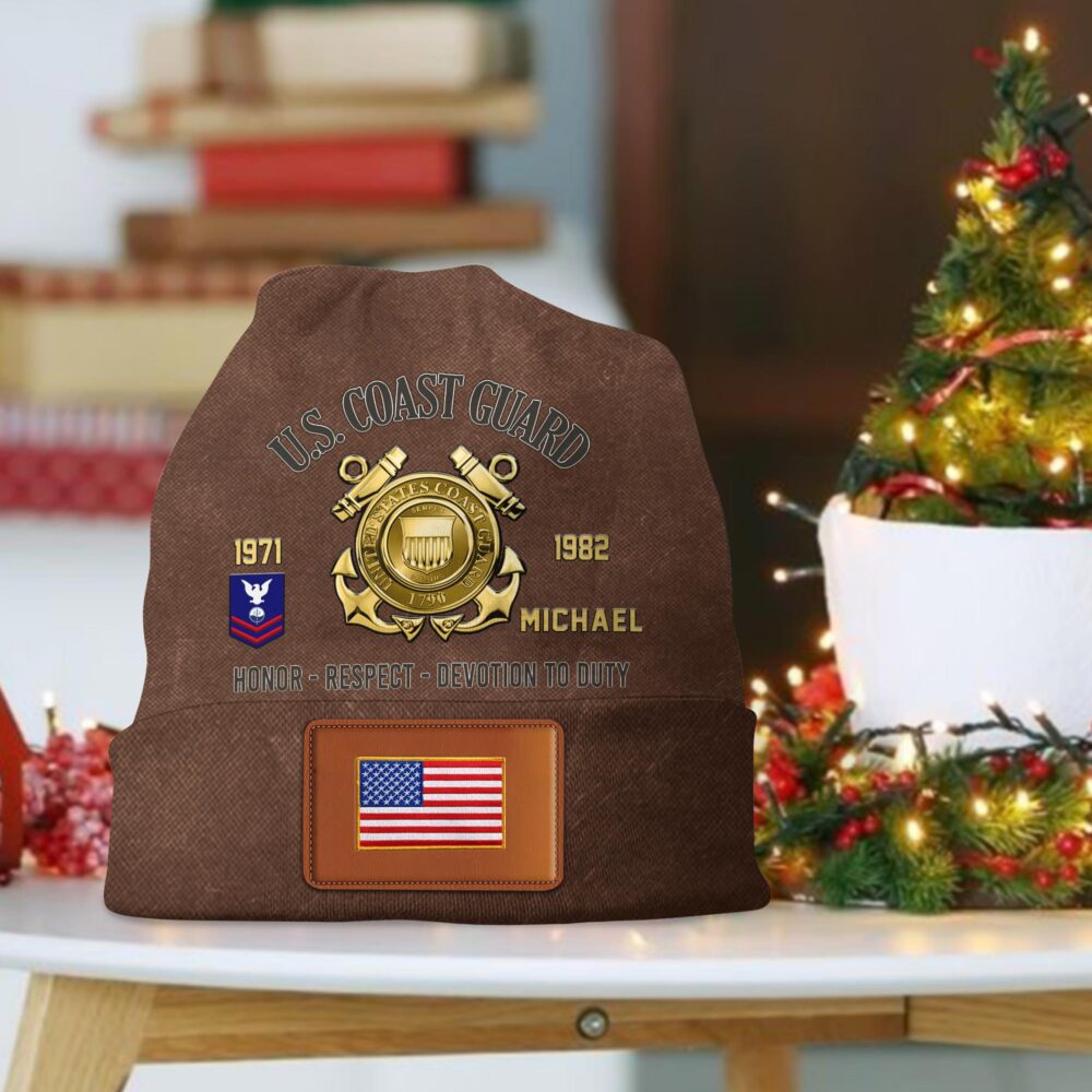 US Coast Guard, Land Of The Free, Because Of The Brave - Leather Patch Beanie Hat - Image 2