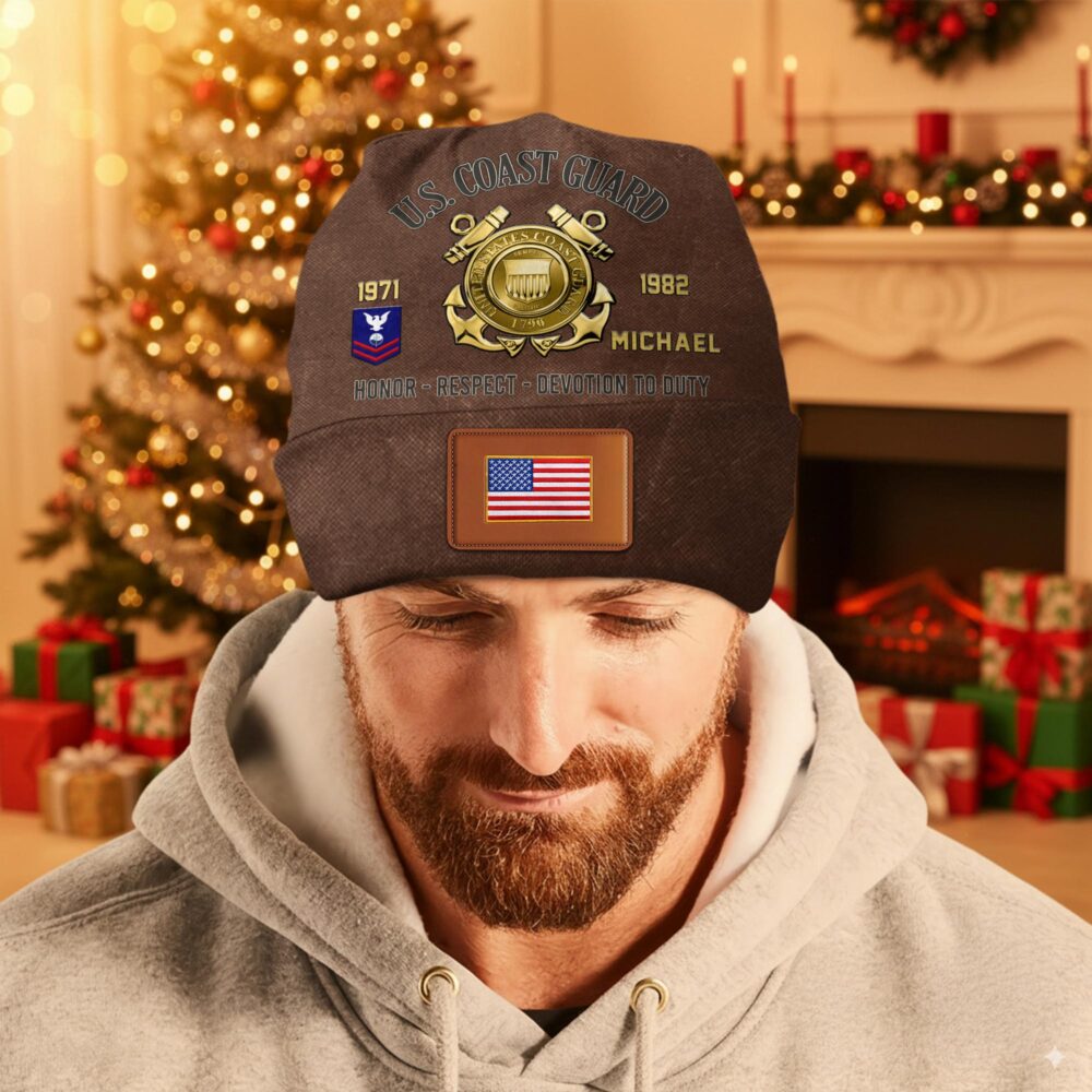 US Coast Guard, Land Of The Free, Because Of The Brave - Leather Patch Beanie Hat - Image 3