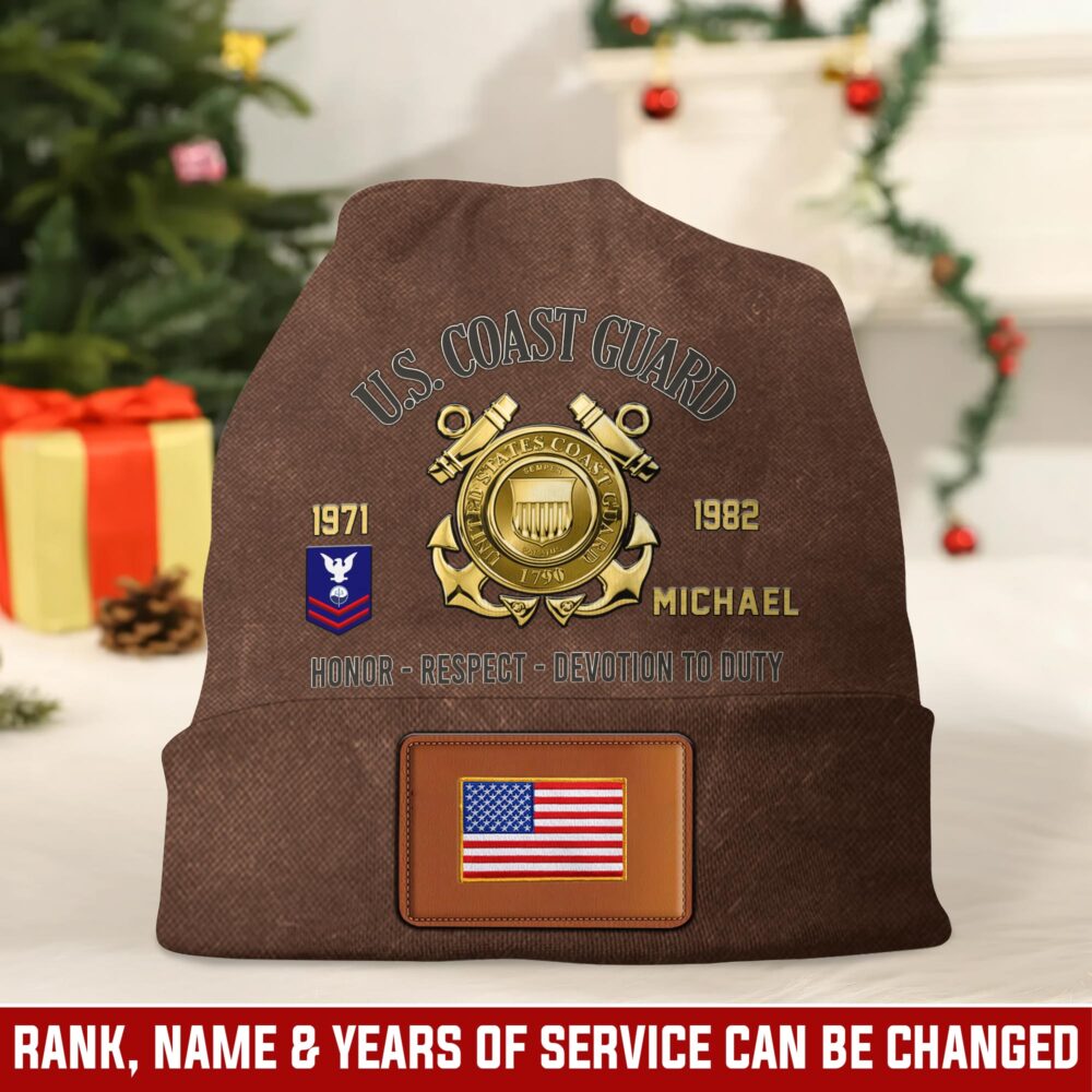 US Coast Guard, Land Of The Free, Because Of The Brave - Leather Patch Beanie Hat