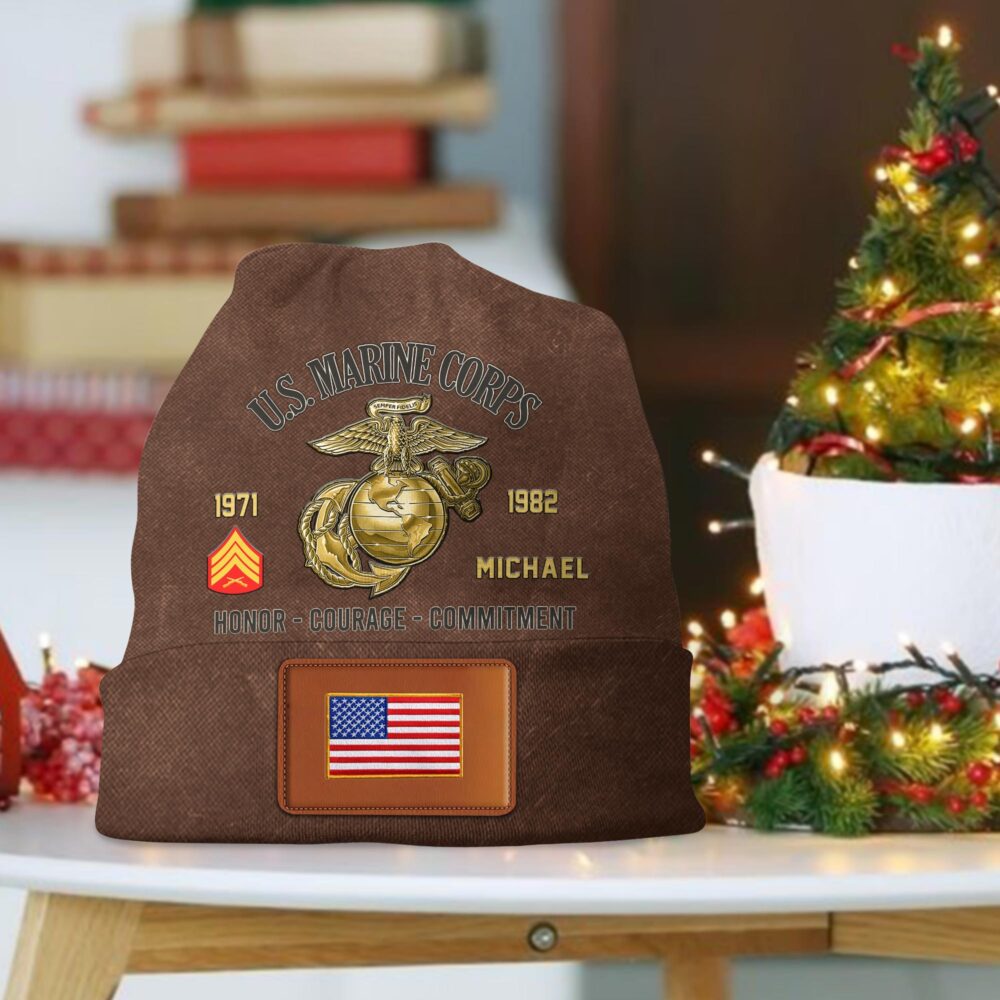 US Marine Corps, No One Fights Alone - Leather Patch Beanie Hat - Image 2