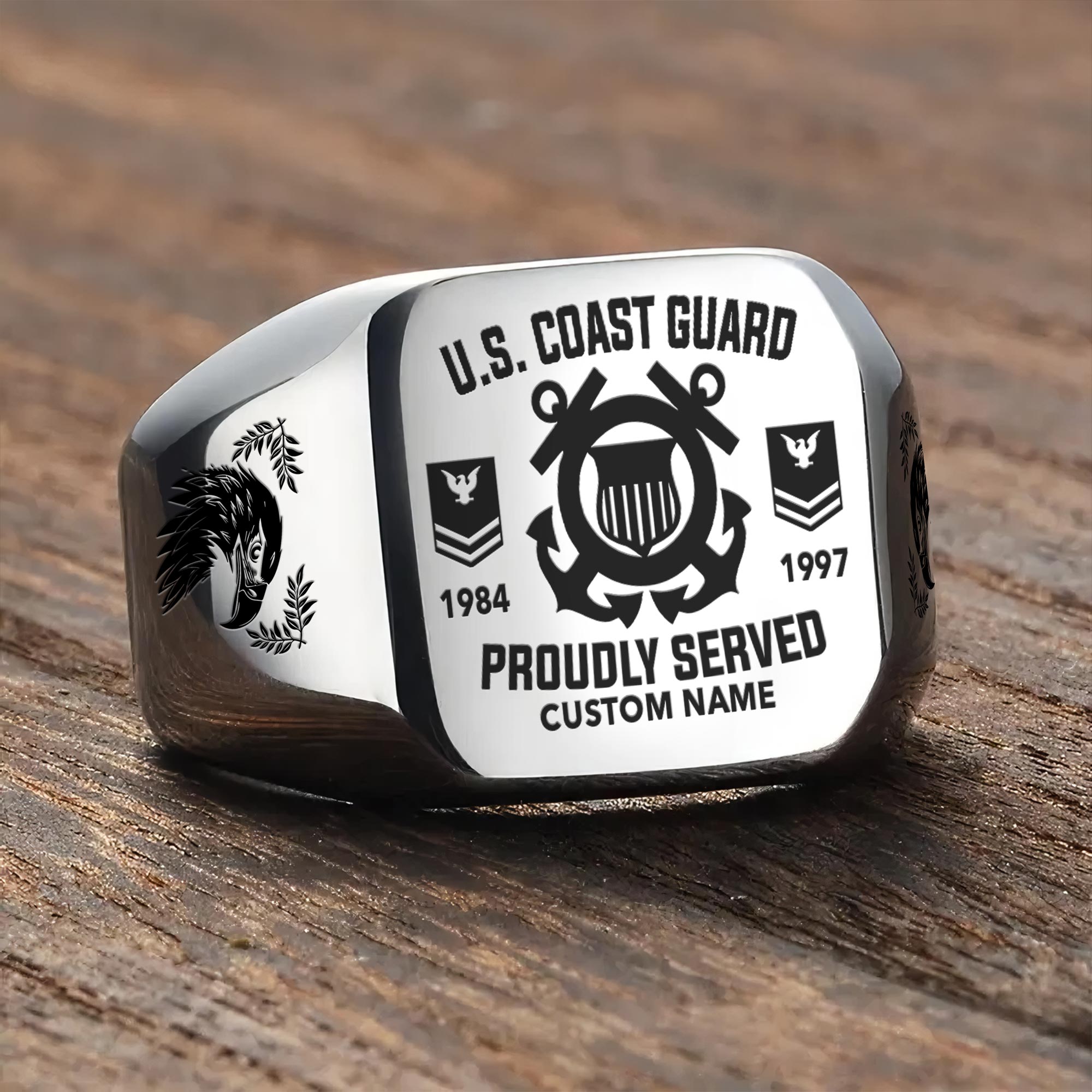 US Coast Guard, E 7 Gold - Engraved Men's Ring - Image 3