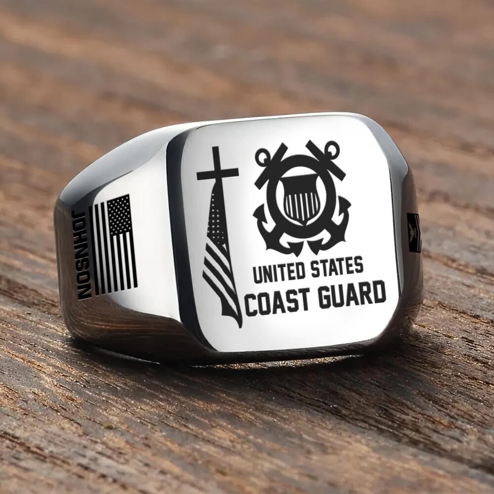 US Coast Guard, E 7 Red - Engraved Men's Ring - Image 3
