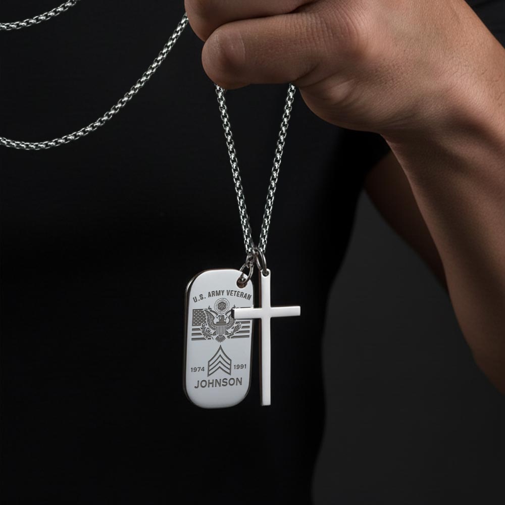 US Army, No One Fights Alone - Silver Engraved Two Pieces Cross Dog Tag - Image 3