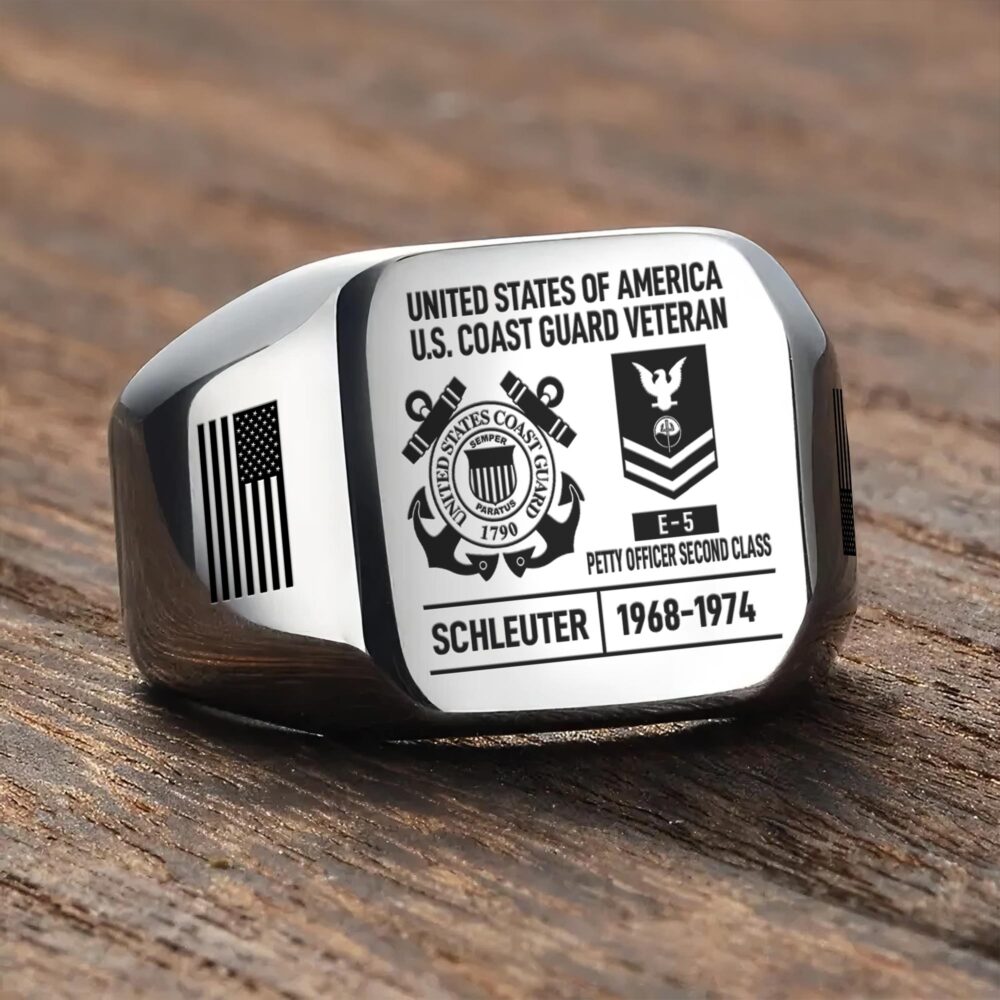 US Coast Guard, E 4 Red - Engraved Men's Ring - Image 3