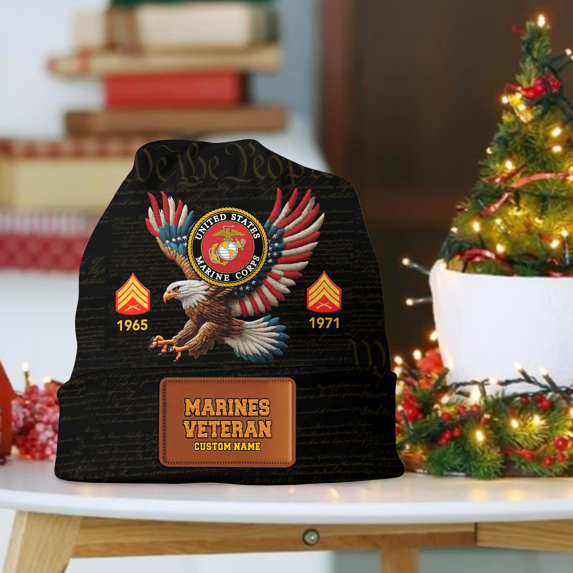 US Marine Corps, Remember - Honor - Respect - Leather Patch Beanie Hat - Image 2