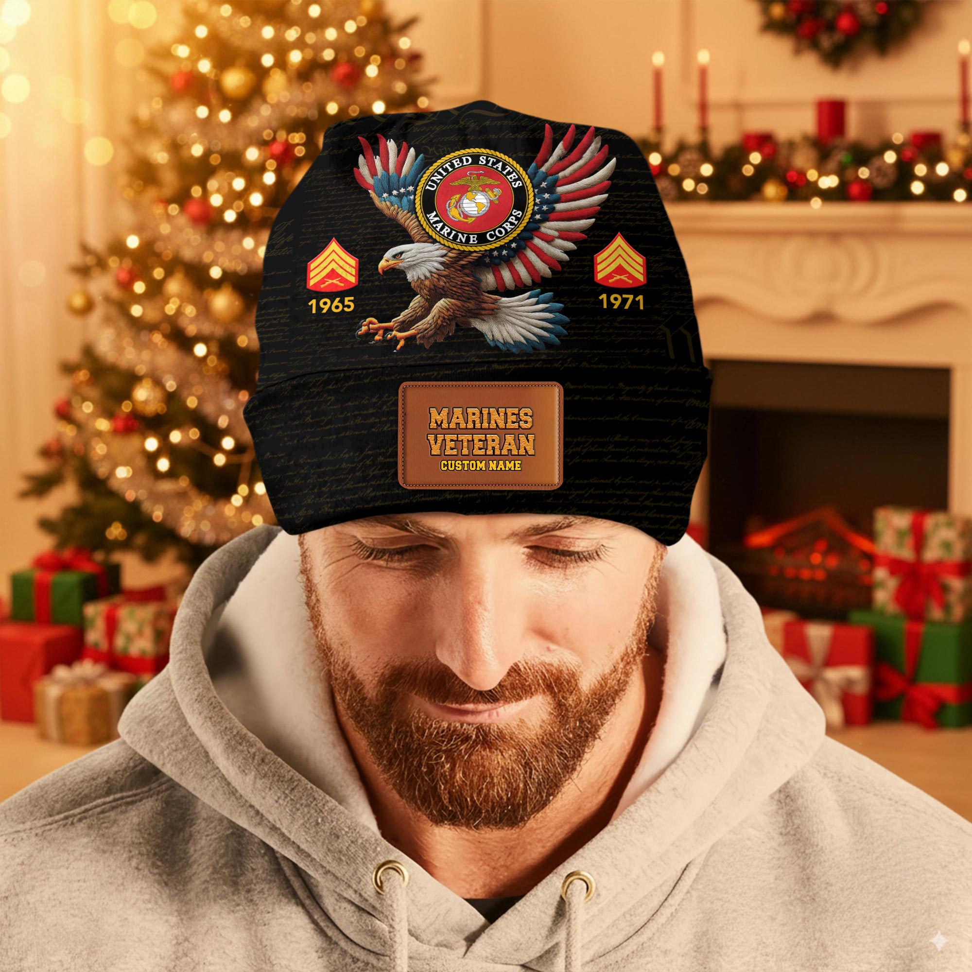 US Marine Corps, Remember - Honor - Respect - Leather Patch Beanie Hat - Image 3