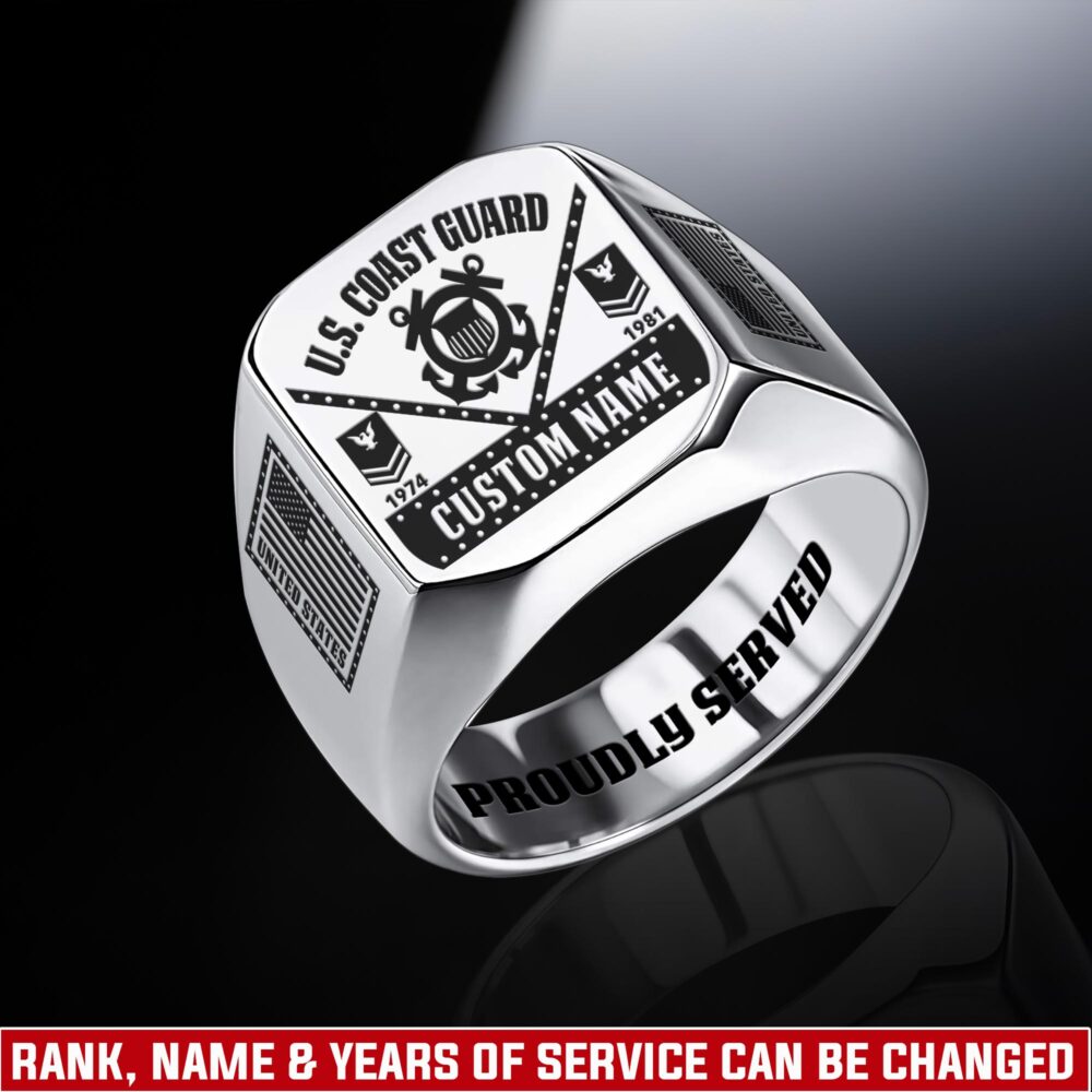 US Coast Guard, E 3 White - Engraved Men's Ring
