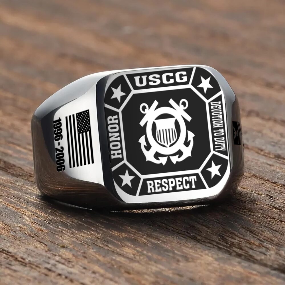 US Coast Guard, E 3 Red - Engraved Men's Ring - Image 3