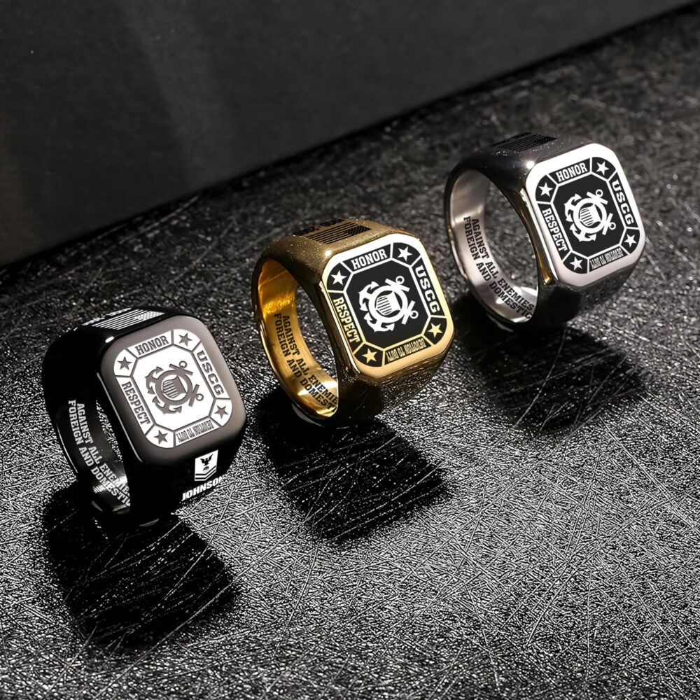 US Coast Guard, E 3 Red - Engraved Men's Ring - Image 7