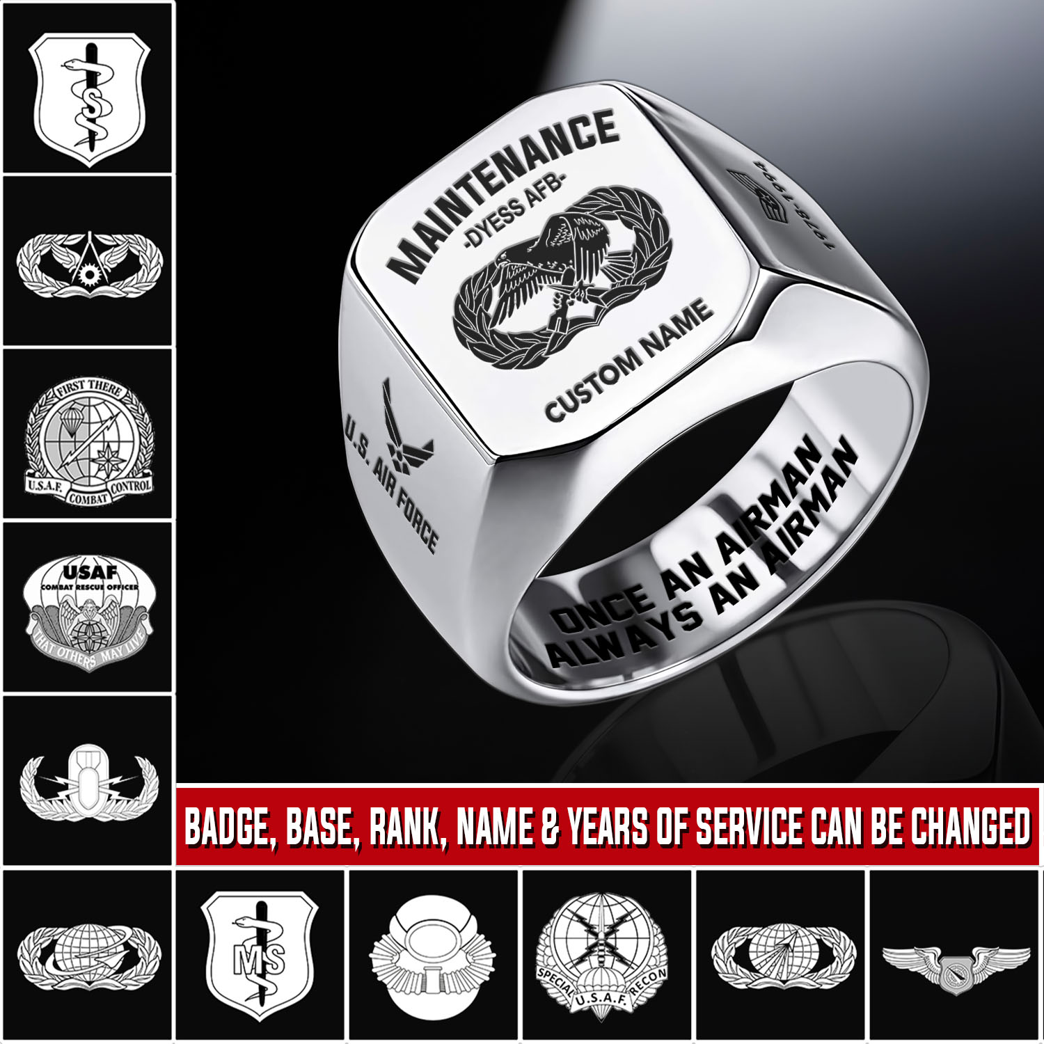 Air Force Badge, Always Remember, Never Forget - Engraved Men's Ring