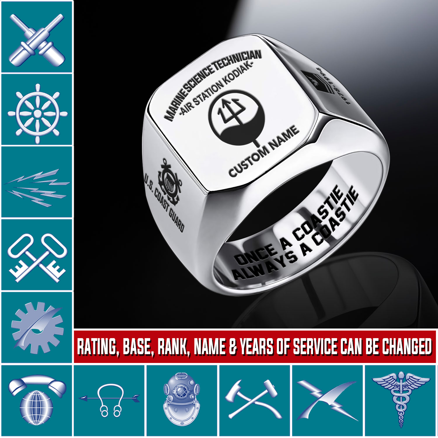 Coast Guard Rating, E 7 Gold - Engraved Men's Ring