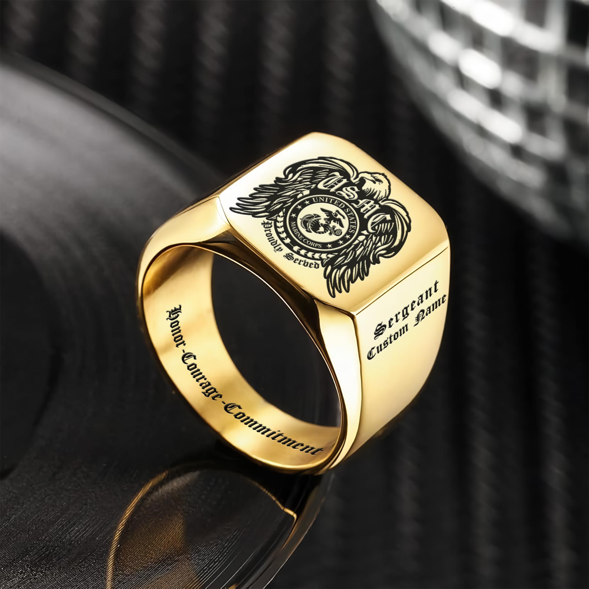 US Marine Corps, Land Of The Free, Because Of The Brave - Engraved Men's Ring - Image 2