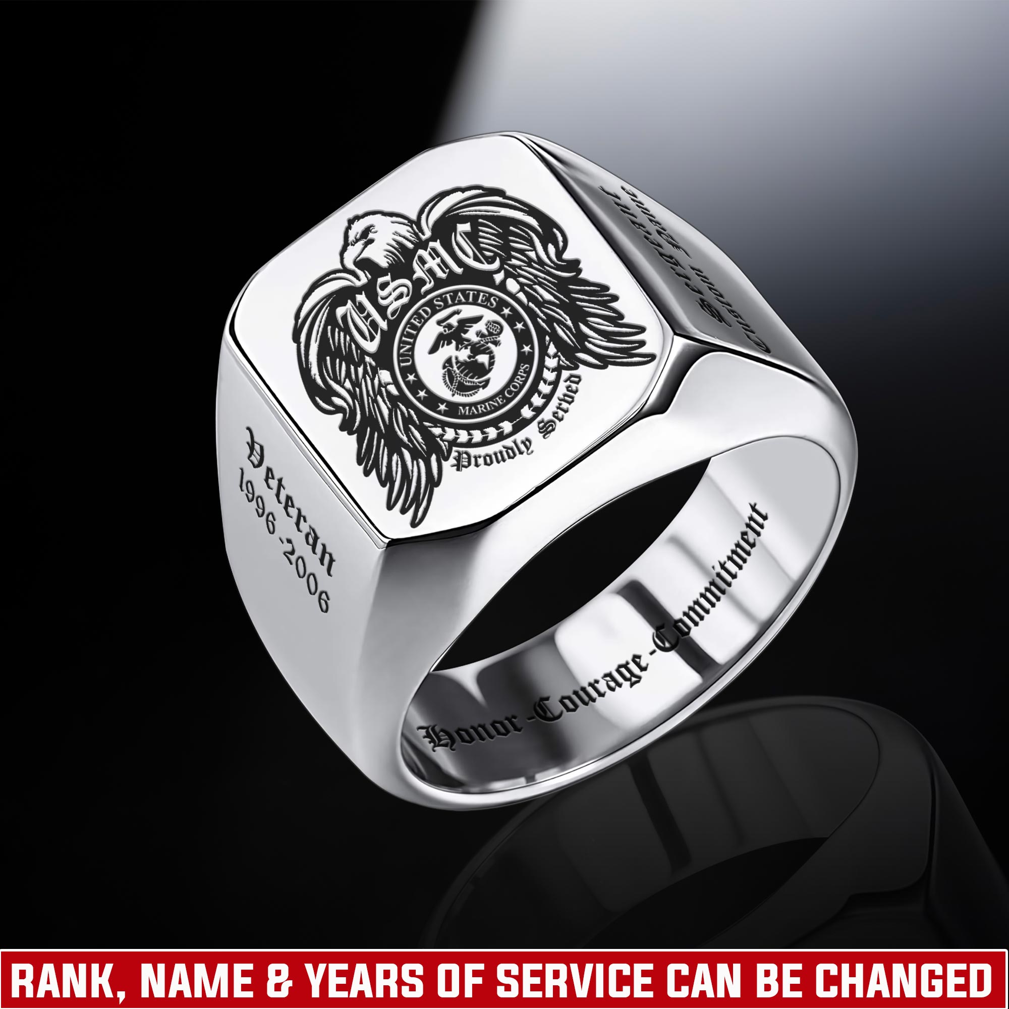 US Marine Corps, Land Of The Free, Because Of The Brave - Engraved Men's Ring