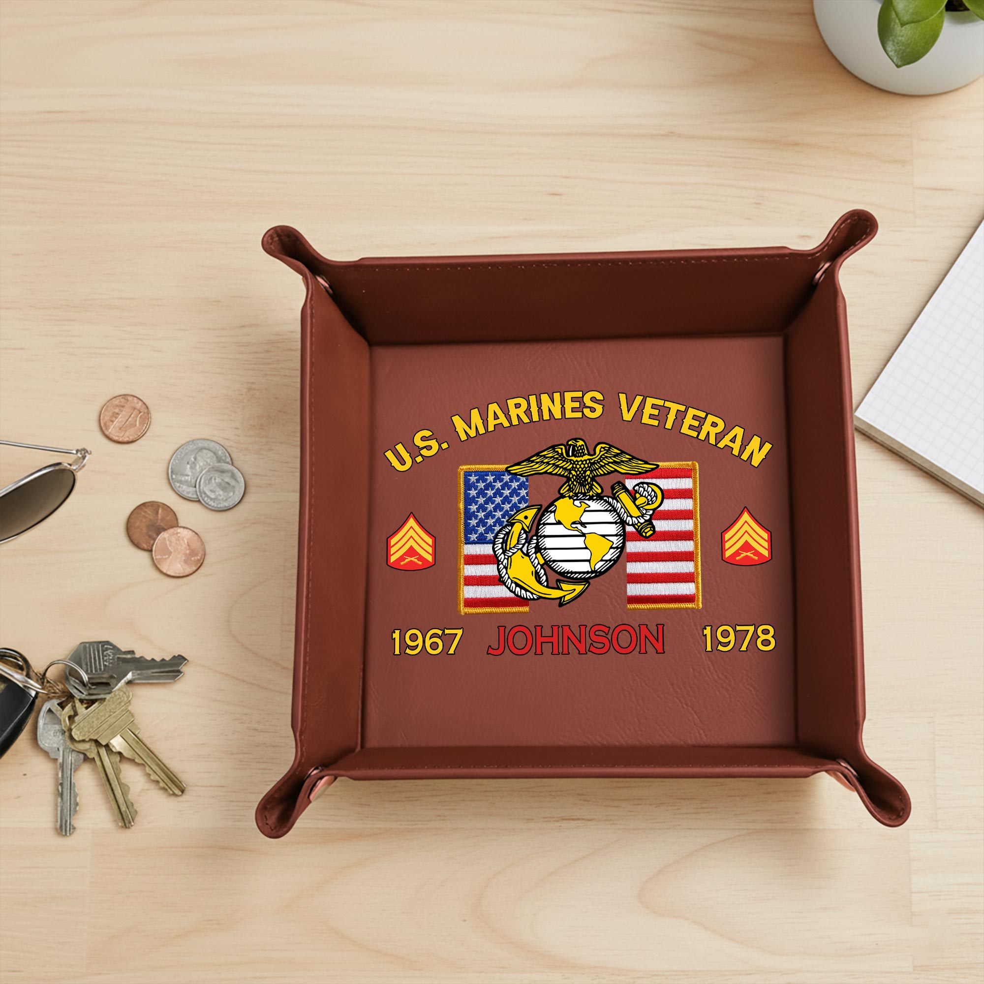 US Marine Corps, American By Birth, Veteran By Choice - Personalized Leather Valet Tray - Image 2