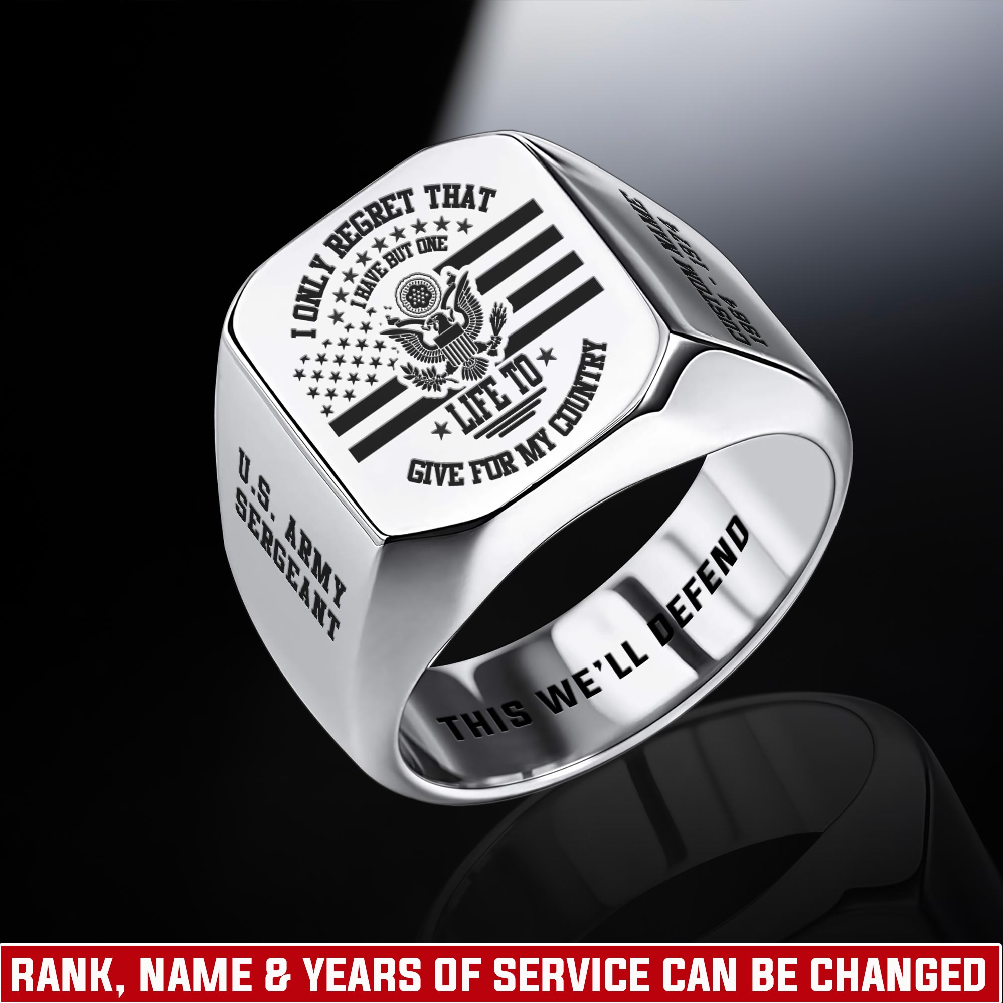 US Army, Freedom Over Fear - Engraved Men's Ring