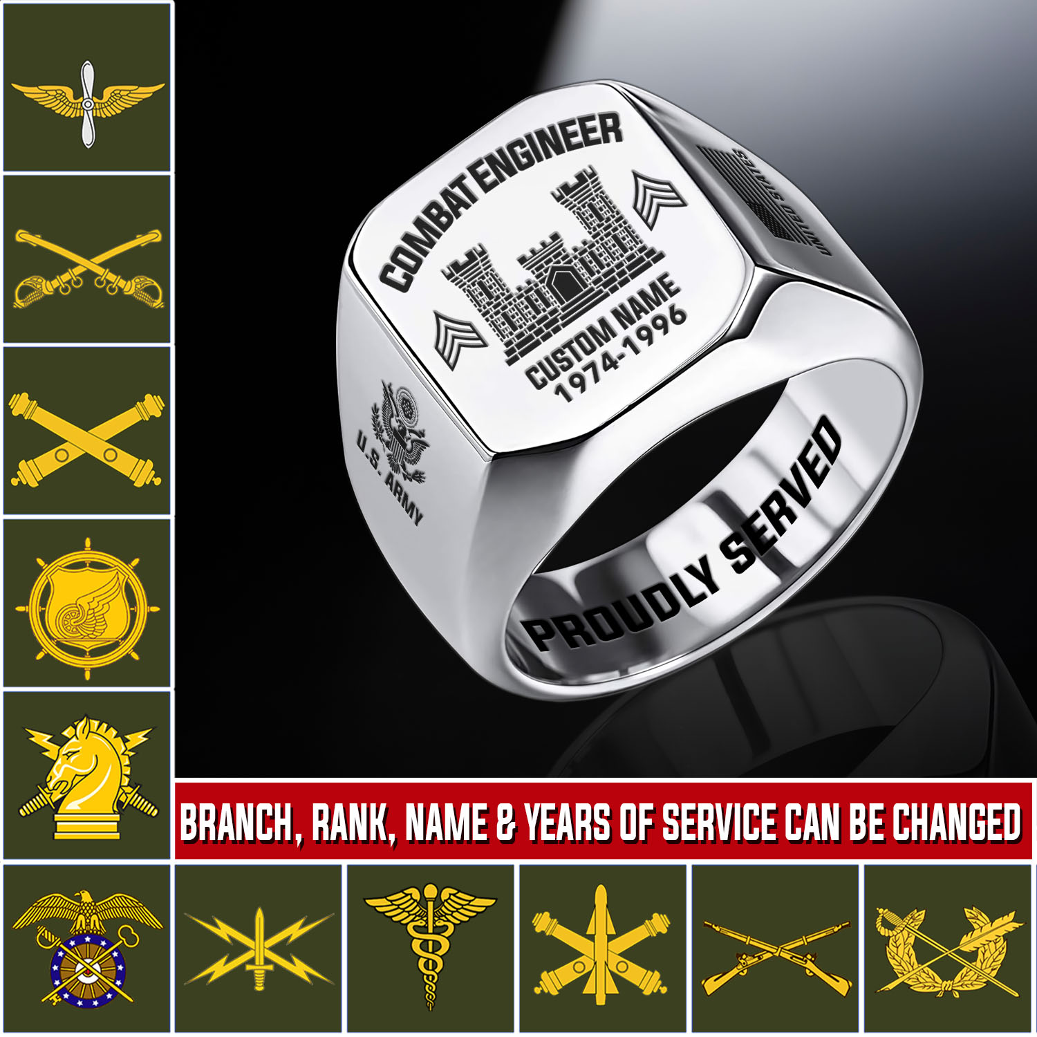 Army Branch, E 8 Army First Sergeant - Engraved Men's Ring