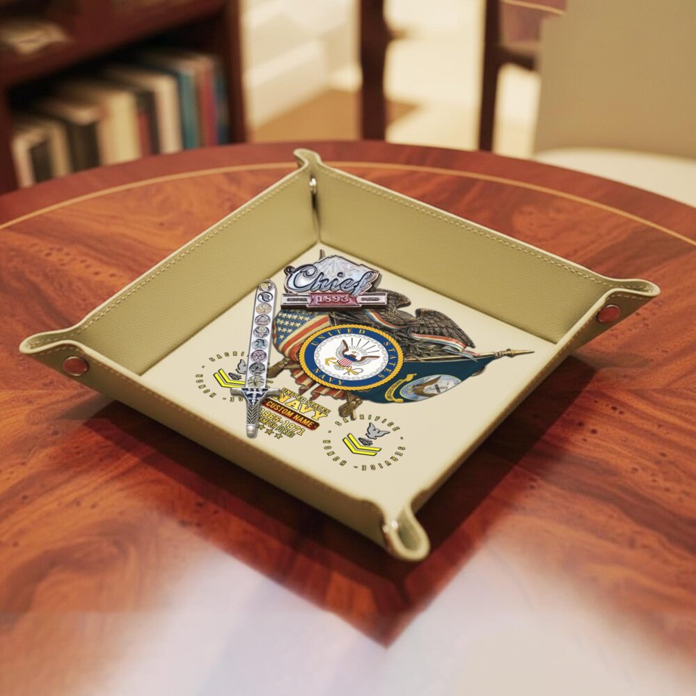 US Navy, E 7 Gold - Personalized Leather Valet Tray - Image 4