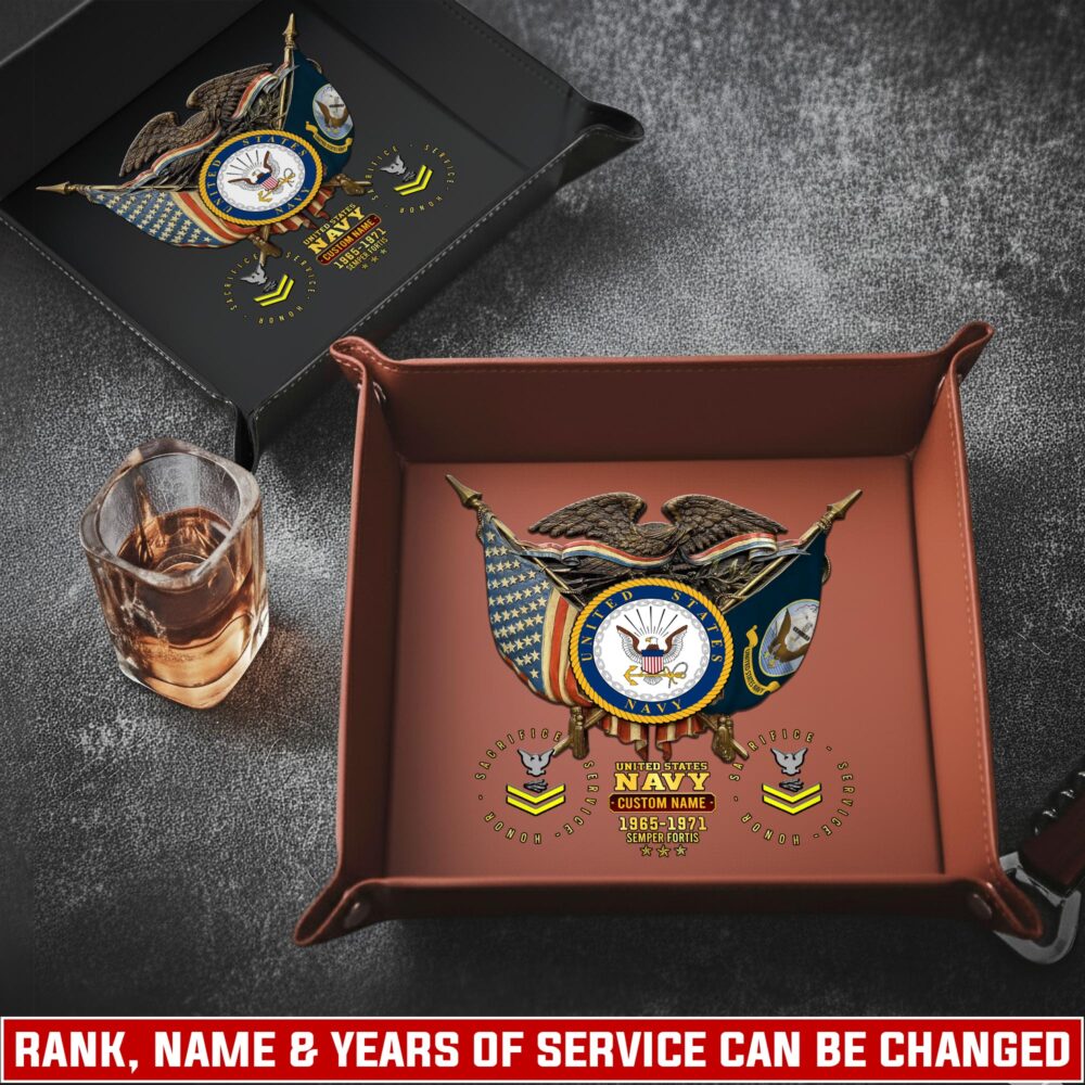 US Navy, E 7 Gold - Personalized Leather Valet Tray