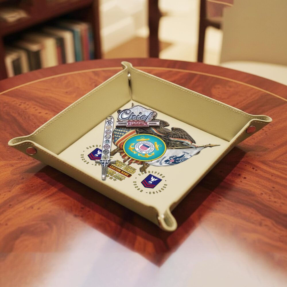 US Coast Guard, E 6 Gold - Personalized Leather Valet Tray - Image 4