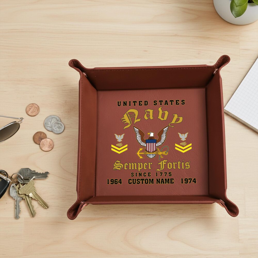US Navy, E 9 Gold - Personalized Leather Valet Tray - Image 2