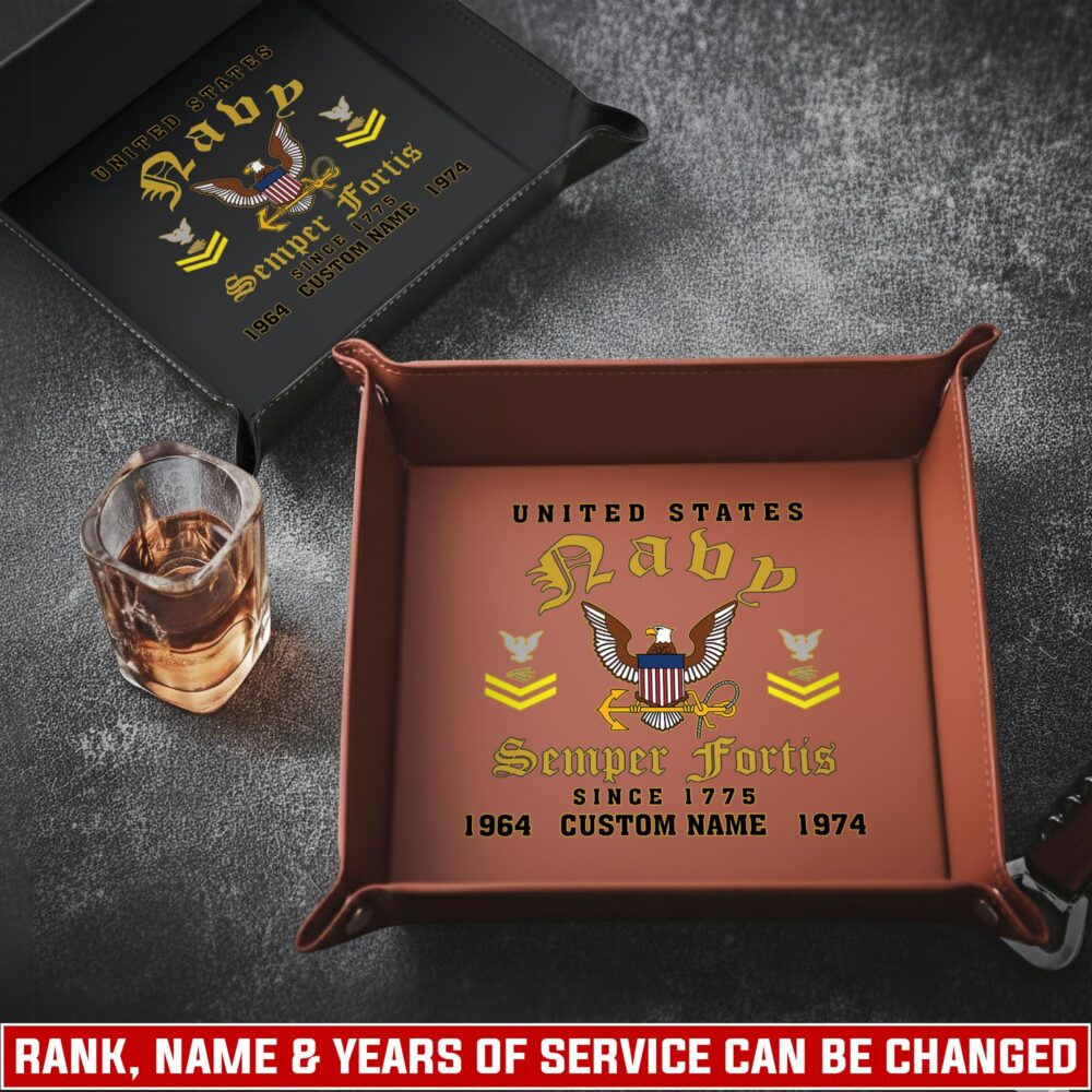 US Navy, E 9 Gold - Personalized Leather Valet Tray