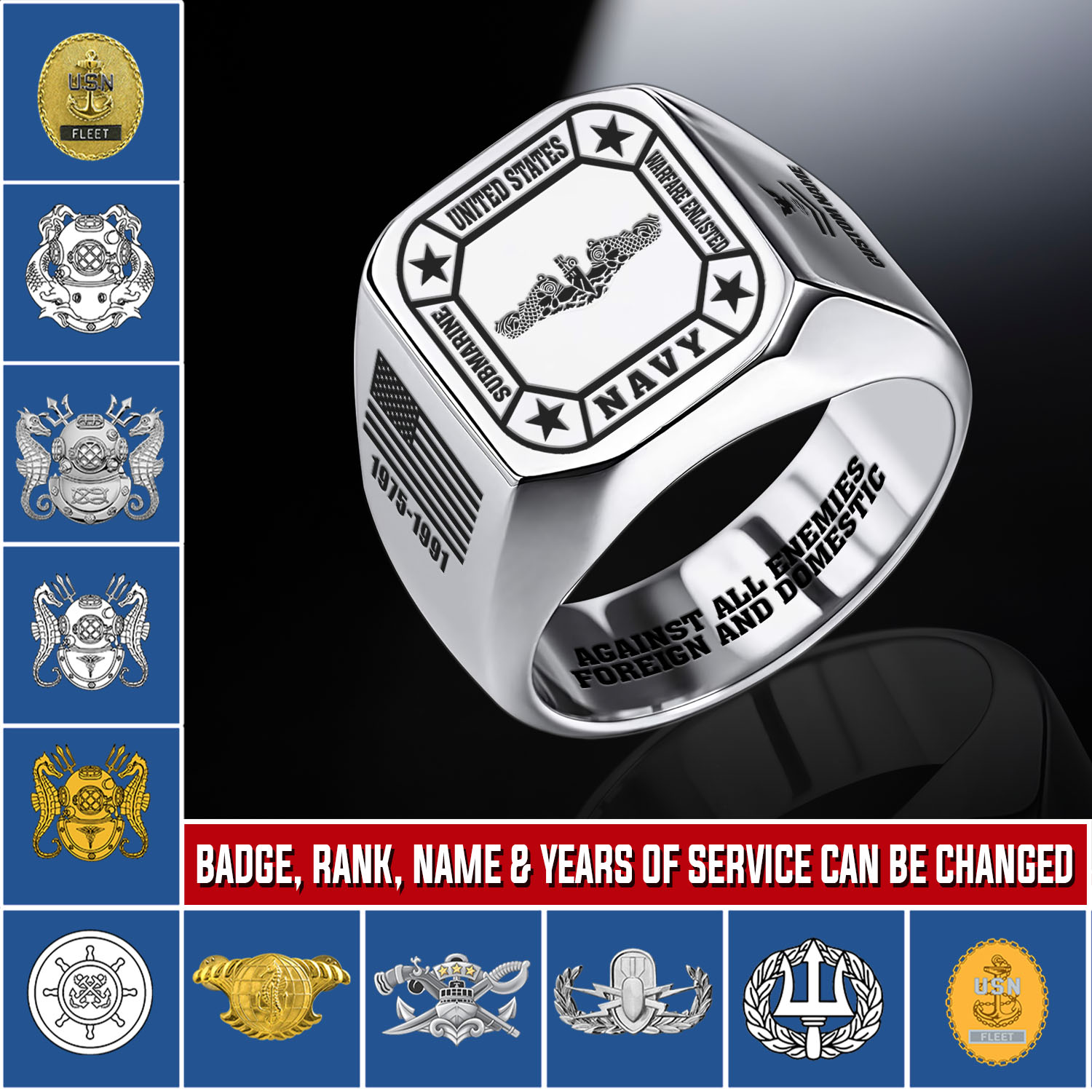 Navy Badge, Freedom Isn't Free - Engraved Men's Ring