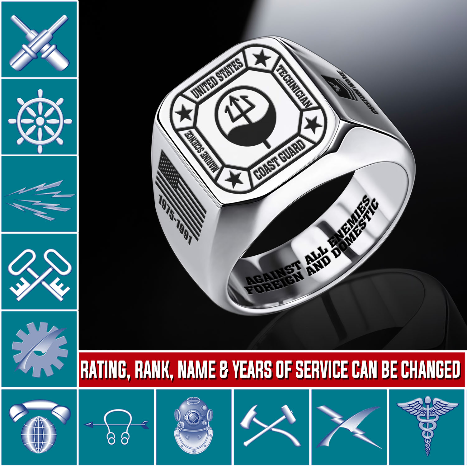 Coast Guard Rating, Remember - Honor - Respect - Engraved Men's Ring