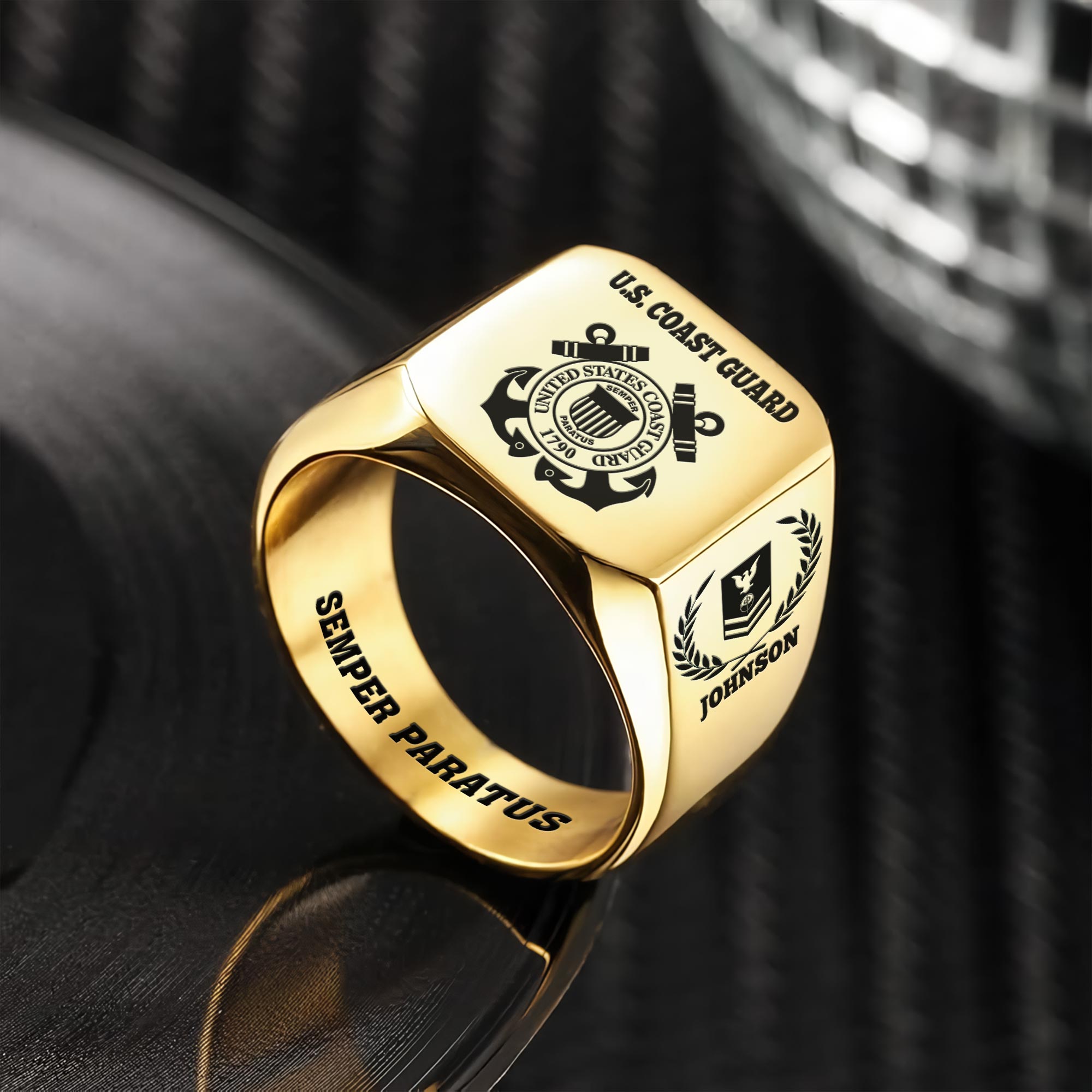 US Coast Guard, Remember - Honor - Respect - Engraved Men's Ring - Image 2