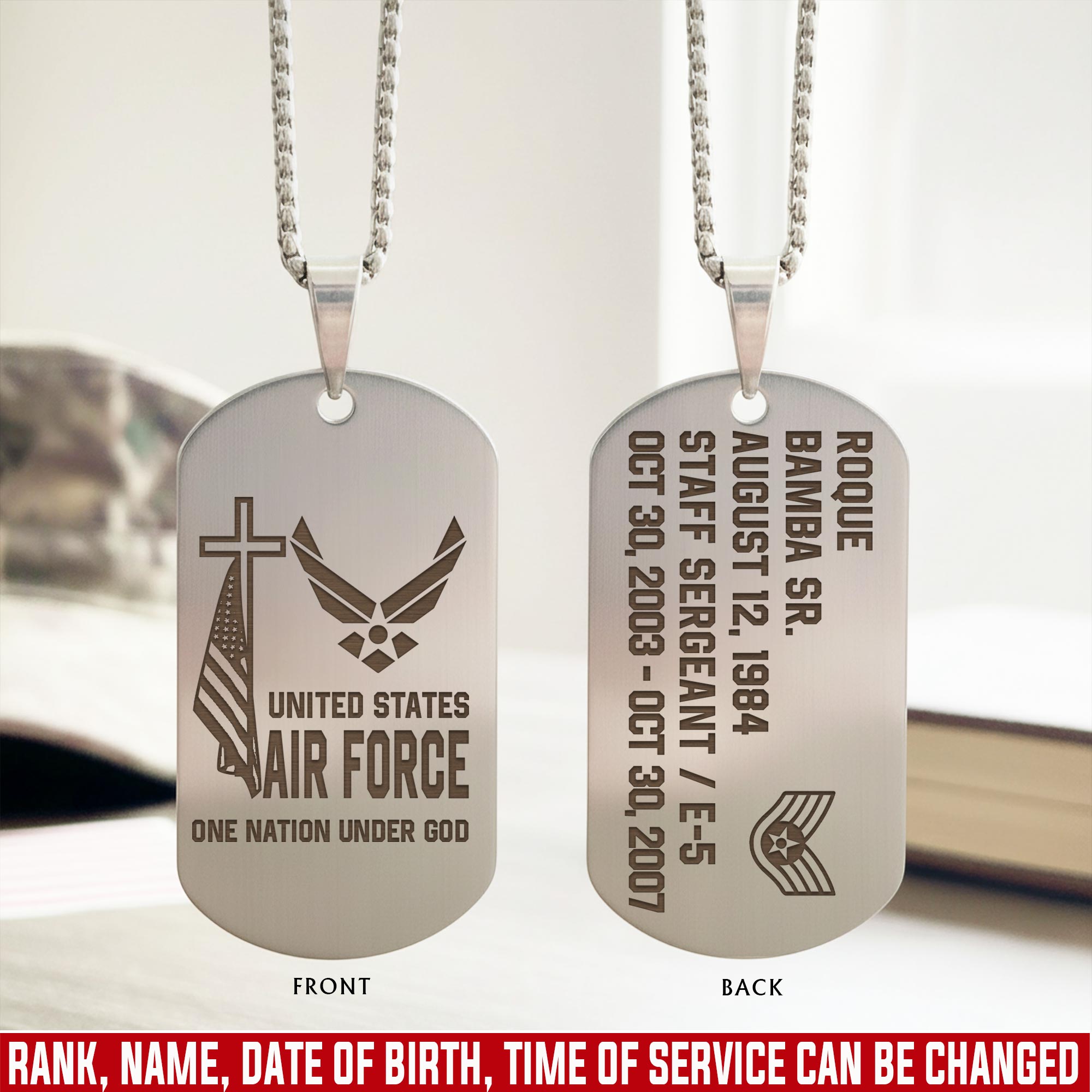 US Air Force, E 7 Air Force Master Sergeant - Engraved Military Dog Tag
