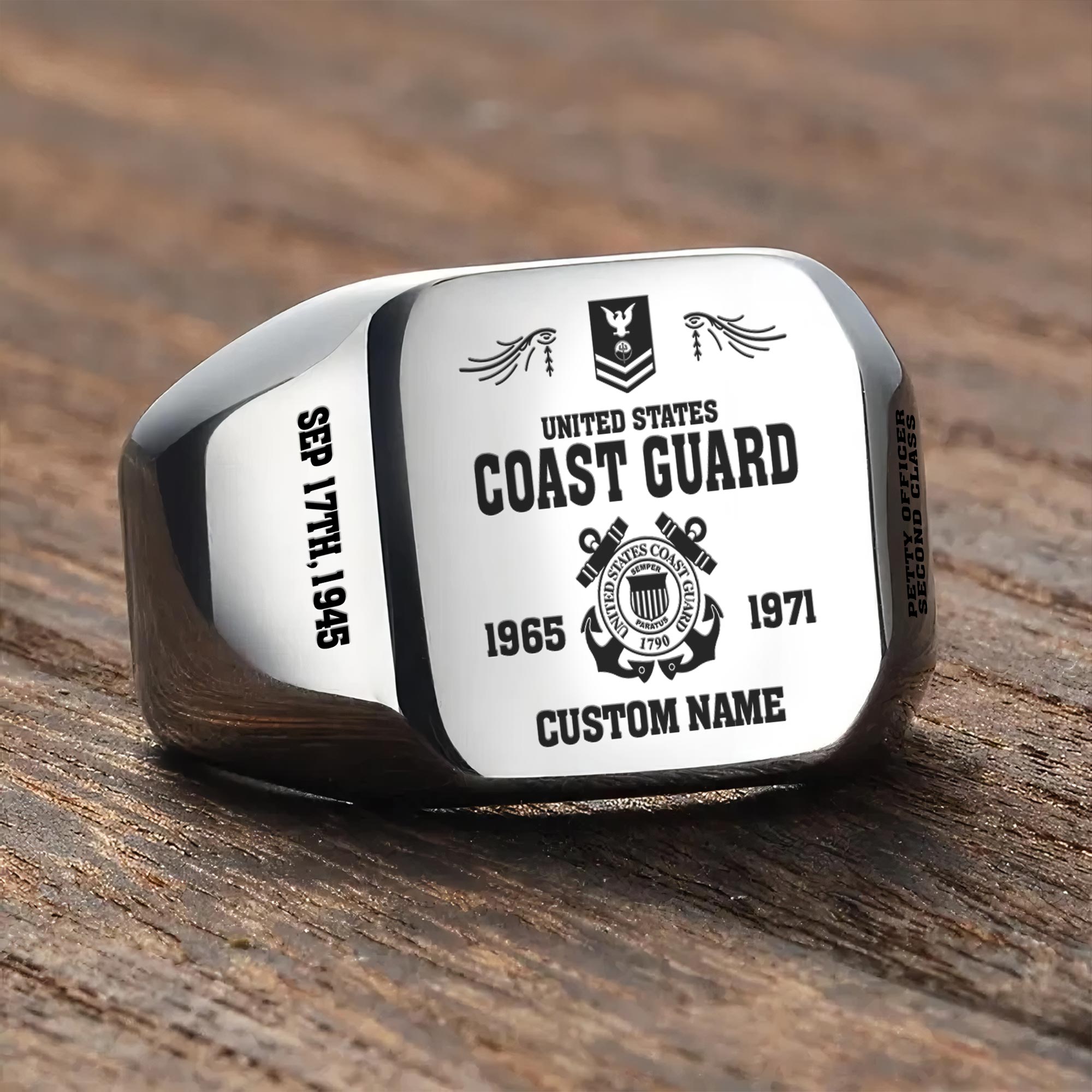 US Coast Guard, E 7 Gold - Engraved Men's Ring - Image 3
