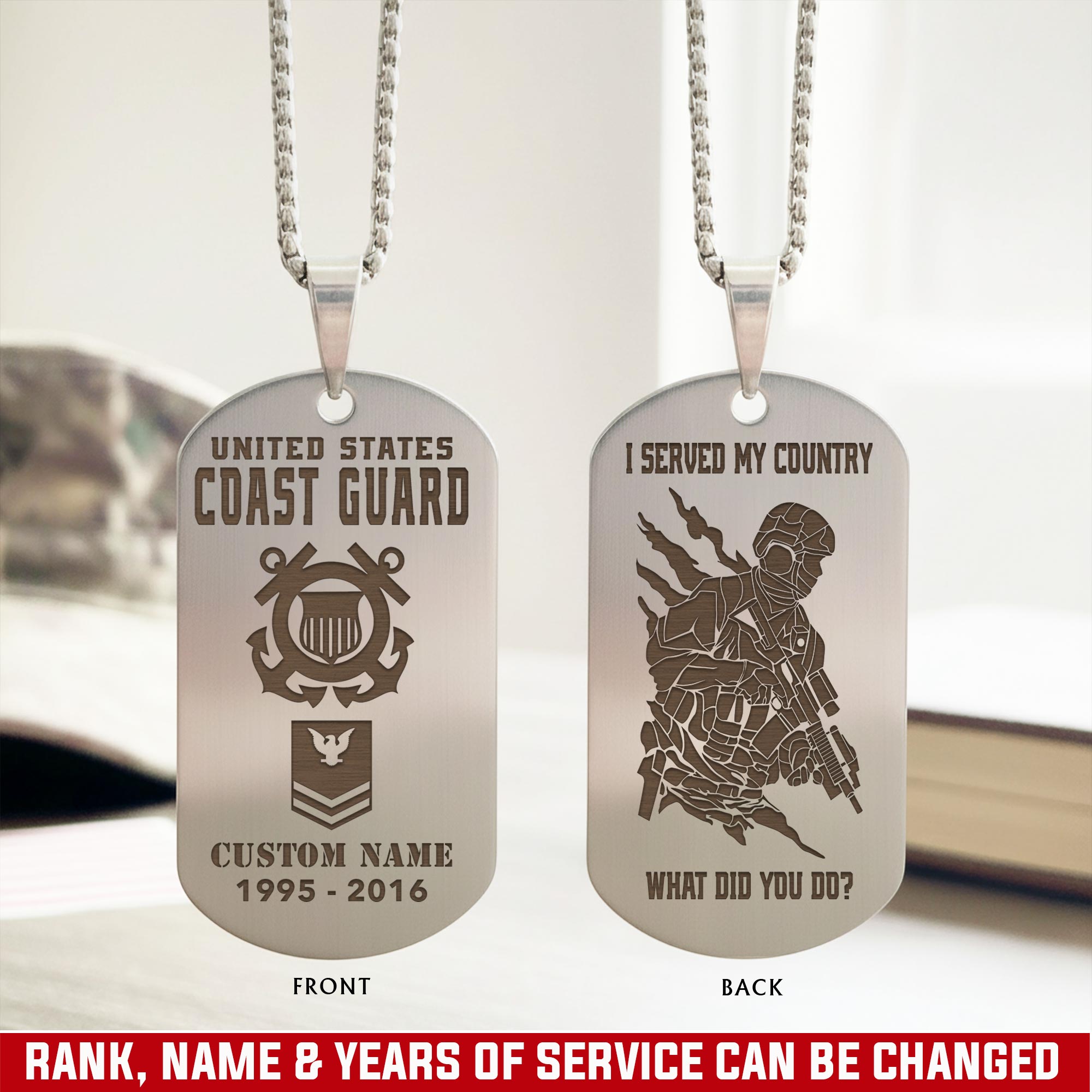 US Coast Guard, E 3 Red - Silver Engraved Cross Dog Tag