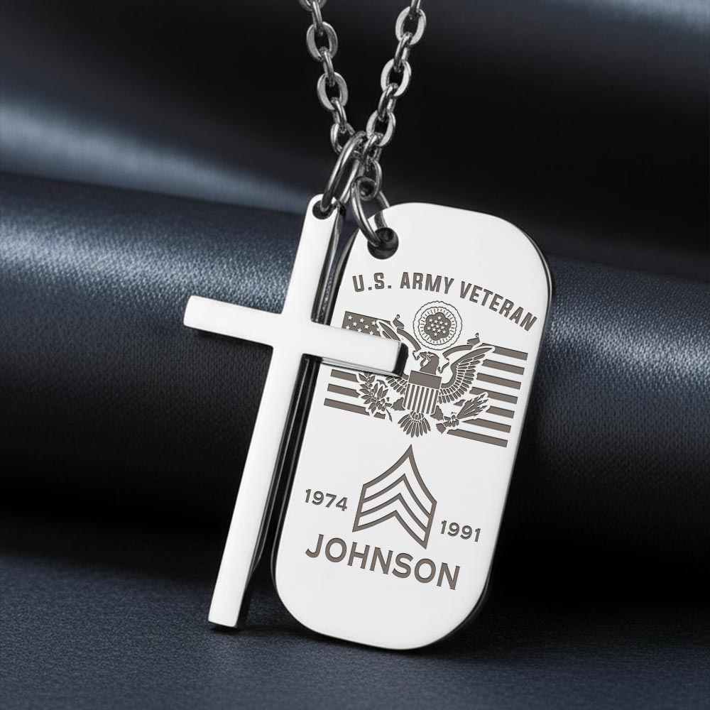 US Army, No One Fights Alone - Silver Engraved Cross Dog Tag - Image 2