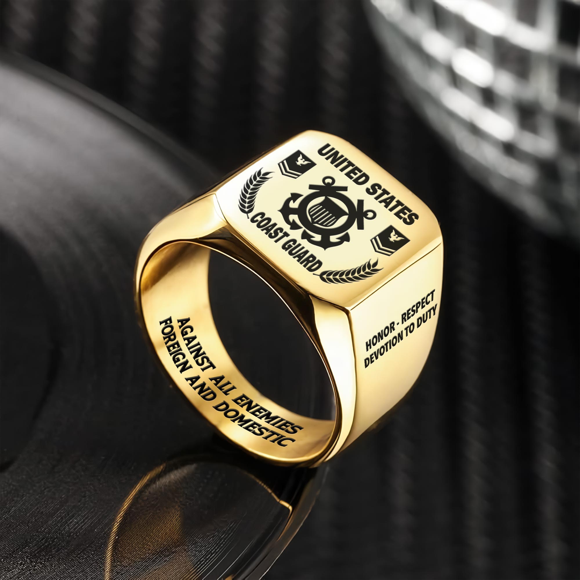 US Coast Guard, E 3 Red - Engraved Men's Ring - Image 2