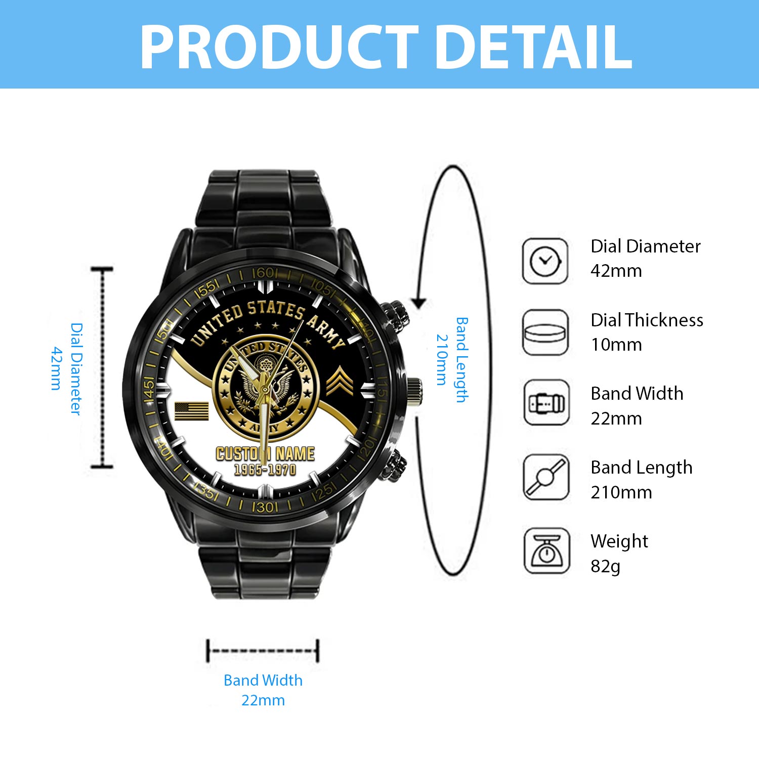 US Army, Freedom Isn't Free - Black Stainless Steel Watch - Image 4