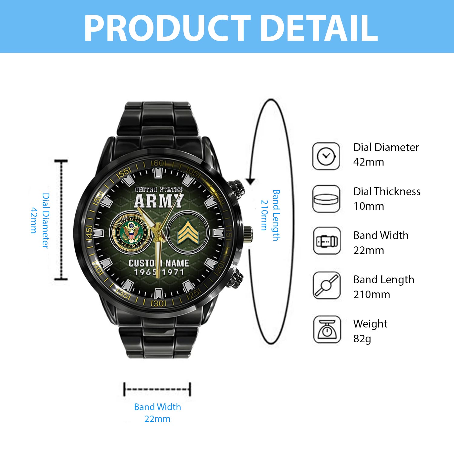 US Army, Proud To Have Served - Black Stainless Steel Watch - Image 4