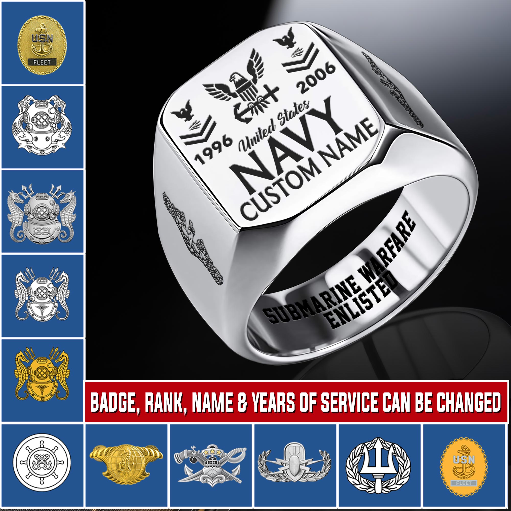 Navy Badge, Remember - Honor - Respect - Engraved Men's Ring